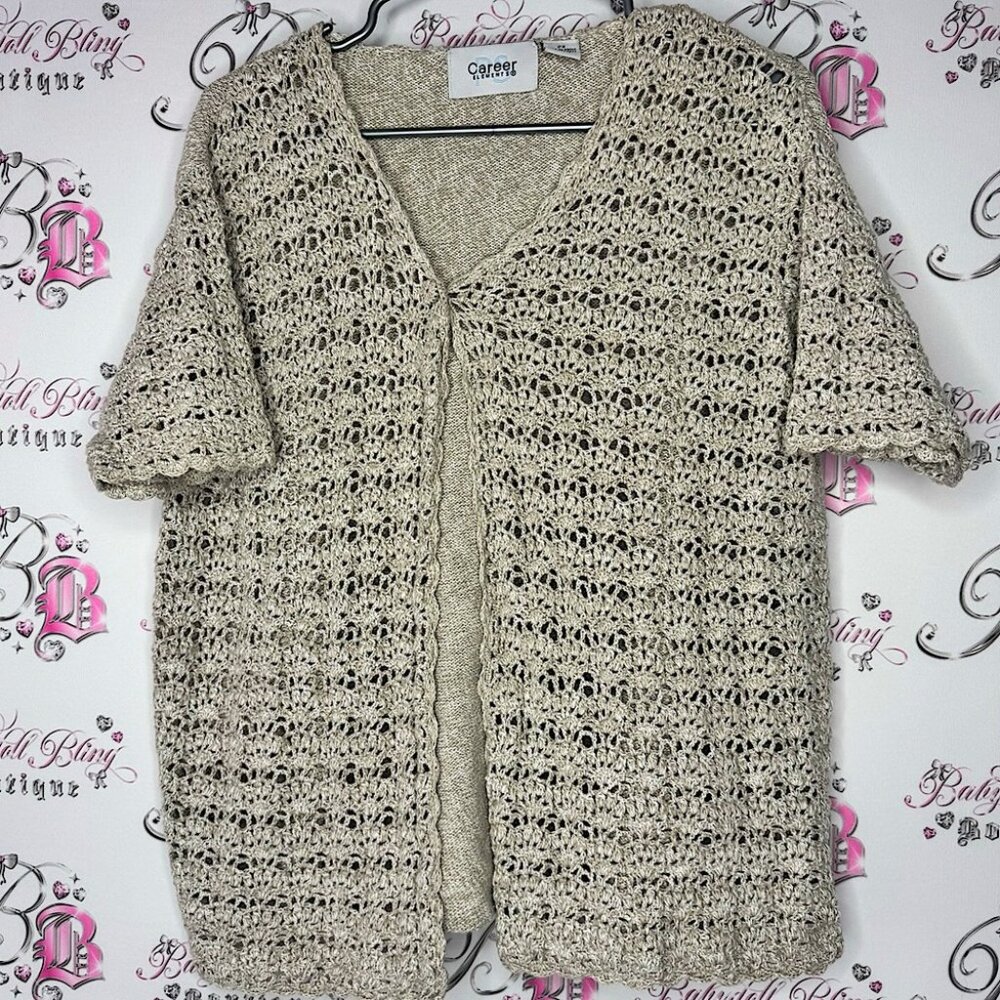 Career elements crochet knitted top cardigan short sleeve tan cream button open